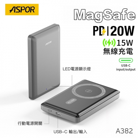 【好買點數放大】ASPOR 金屬超薄款/10000mAh/PD 20W/15W磁吸式無線閃充行動電源 A382
