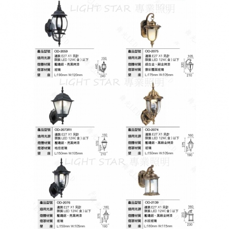 【DanceLight 舞光】2入 歐式戶外燈 防水壁燈 E27燈座 附12W LED燈泡（型號：OD-2076）