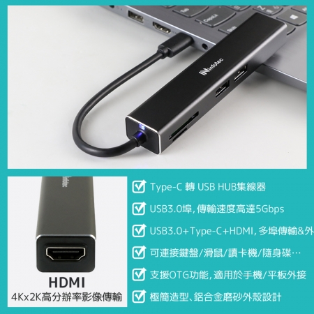 infotec IP-P51 TYPEC 5合1多功能擴充器（USB埠/讀卡機/HDMI孔）