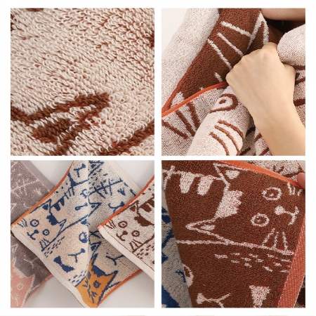 【星紅織品】可愛胖胖貓雙面圖案純棉方巾