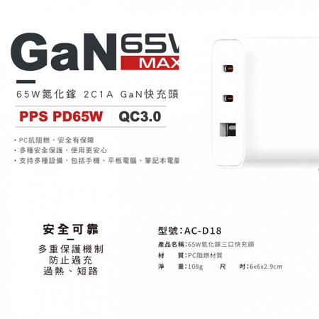 【Songwin】GaN氮化鎵 65W 手機平板快速充電器（雙USB-C＋USB-A）