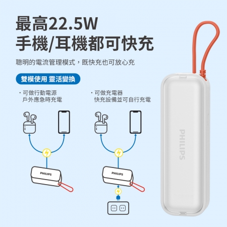 PHILIPS 22.5W AC自帶Type-C線行動電源 DLP5201C