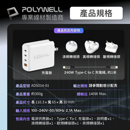 POLYWELL 140W電源供應器 附多國轉接 三Type-C孔＋USB-A孔 可充筆電 BSMI 寶利威爾 台灣現貨