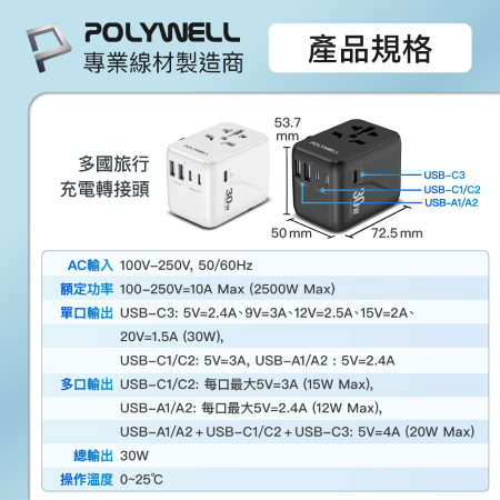 POLYWELL 多合一萬國轉接頭 旅行轉接插座 30W 三Type-C＋雙USB-A BSMI免驗 寶利威爾 台灣現貨
