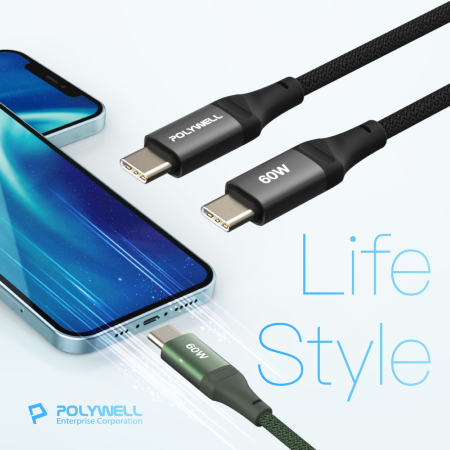 POLYWELL Type-C To Type-C PD編織快充線 1米 60W 鋁合金 適用手機 平板 寶利威爾 台灣現貨