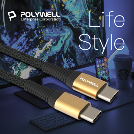 POLYWELL USB Type-C 100W 公對公快充線 充電線 編織線 1米 可充筆電 安卓 平板 寶利威爾 台灣現貨