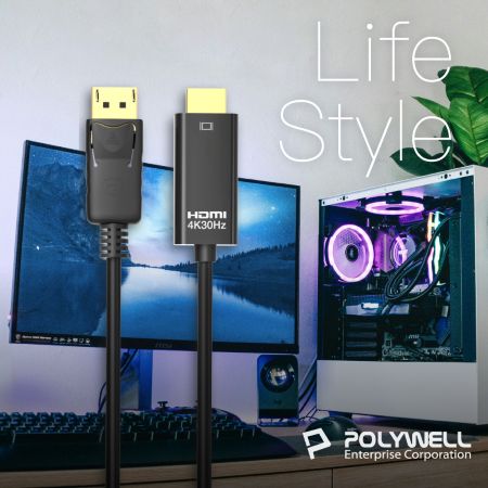 POLYWELL DP轉HDMI 4K30Hz 影音傳輸線 1米 轉接線 高性能晶片 鍍金接頭 寶利威爾 台灣現貨