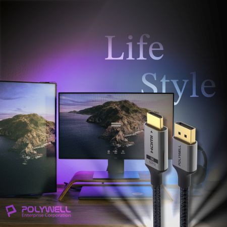 POLYWELL DP轉HDMI 8K60Hz 影音傳輸線 3米 轉接線 主動晶片 鋁合金帶編織 寶利威爾 台灣現貨
