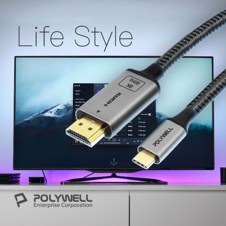 POLYWELL Type-C轉HDMI 8K 影音傳輸線 2米 轉接線 高更新率 鋁合金 帶編織 寶利威爾 台灣現貨
