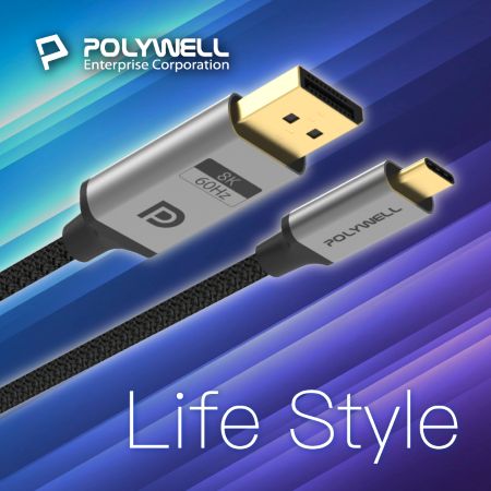 POLYWELL Type-C轉DP 8K 影音傳輸線 2米 雙向傳輸 鋁合金 帶編織 適用電競螢幕 寶利威爾 台灣現貨