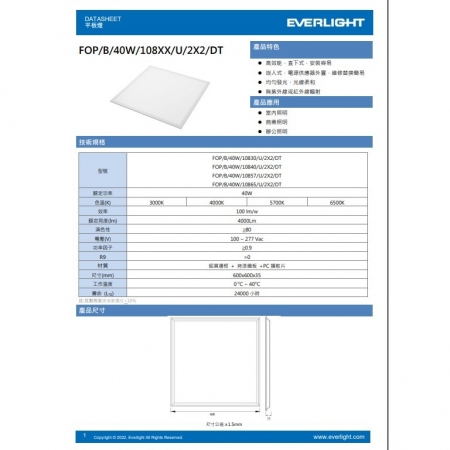 【Everlight 億光】6入組 40W LED平板燈 輕鋼架 辦公室燈具（白光 5700K）