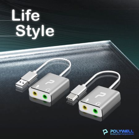 POLYWELL Type-C外接式音效卡 3.5mm耳機和麥克風 TRS插頭 桌機耳麥 寶利威爾 台灣現貨
