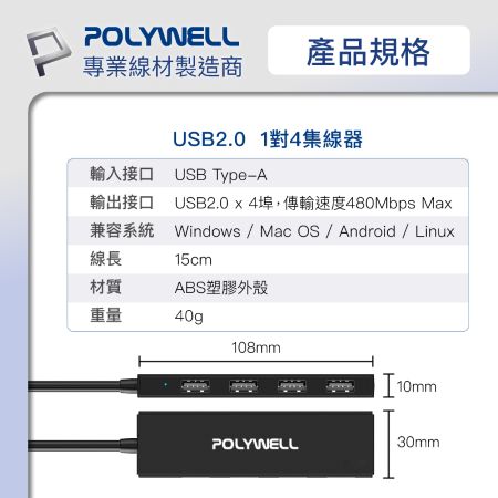 POLYWELL USB2.0 4埠集線器 分線器 擴展器 4 Port HUB 寶利威爾 台灣現貨