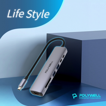 POLYWELL Type-C七合一集線器 HUB 100W PD快充 5G HDMI SD TF 寶利威爾 台灣現貨