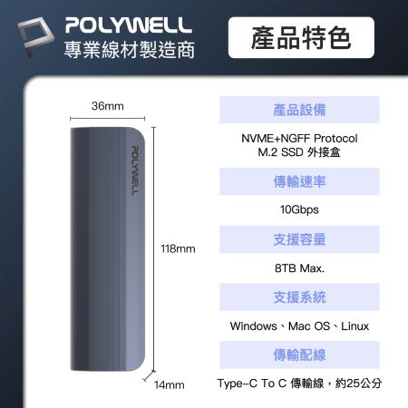 POLYWELL M.2 SSD行動硬碟外接盒 NVMe/NGFF雙協議 Type-C介面 瑞昱晶片 寶利威爾 台灣現貨