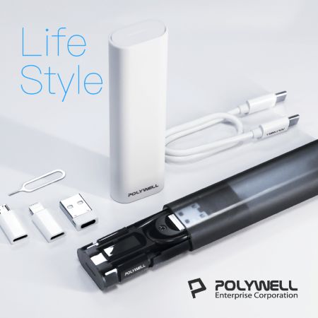 POLYWELL 六合一多功能充電收納盒 短充電線 多款轉接頭 SIM針 SIM卡快速收納 寶利威爾 台灣現貨