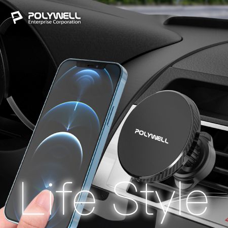 POLYWELL 車用磁吸式手機支架 Magsafe  倒鉤式出風口夾 倒鉤寬度 9.5mm 適用iPhone 安卓手機 寶利威爾 台灣現貨