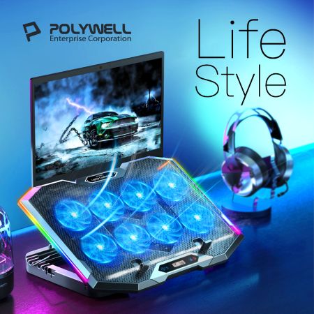 POLYWELL 8風扇筆電散熱支架 10色RGB燈 五段角度可調 風速可控 附手機支架 筆電降溫墊 寶利威爾 台灣現貨