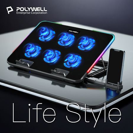 POLYWELL 6風扇筆電散熱支架 10色燈效 7段高度可調 附手機支架 可調風速 合金散熱面板 寶利威爾 台灣現貨
