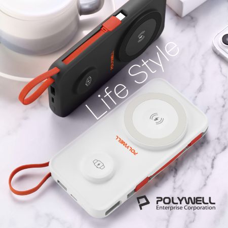 POLYWELL 多合一磁吸無線充行動電源 1萬毫安 手機 手錶 自帶線USB Type-C 蘋果頭 寶利威爾 台灣現貨