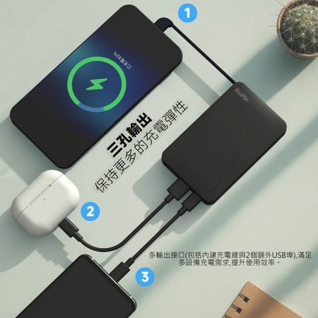 KooPin 台灣製造 極簡風5000mAh 自帶線Type-C行動電源 8208