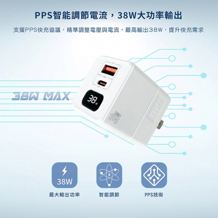 【Wephone】GaN氮化鎵38W 數字顯示雙孔快速充電器（1C1A）