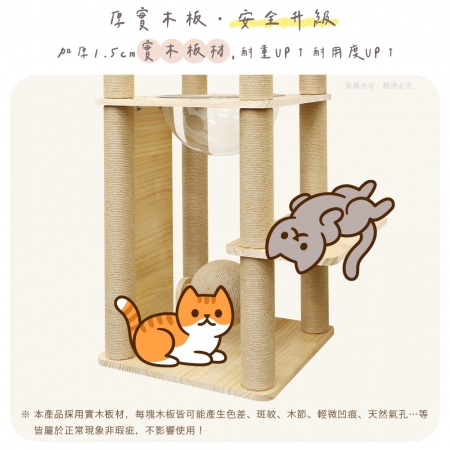 貓本屋 台灣製 雙太空艙方形實木貓跳台（附劍麻抓板/球）