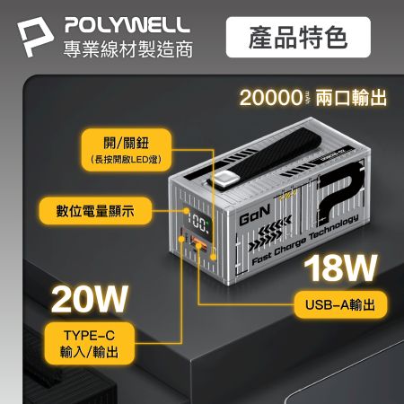 POLYWELL 20W貨櫃屋行動電源 20000mAh 1A1C雙孔充電 LED照明燈 編織掛繩 寶利威爾 台灣現貨