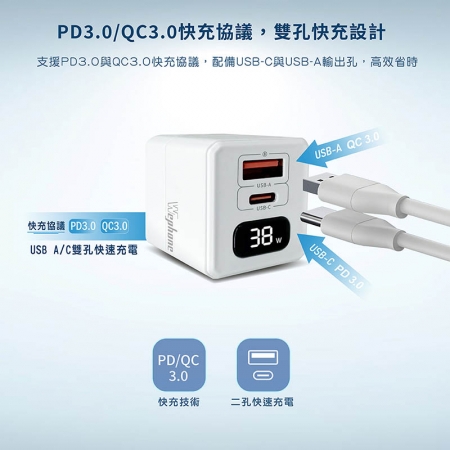 Wephone 38W氮化鎵 數顯雙孔充電器＋USB-C to L 磁吸收納快充線（200公分）