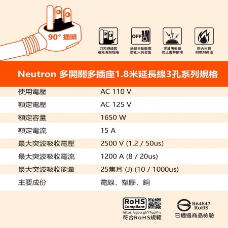 【Osram 歐司朗】2入組 4開關3孔3插座 延長線 過載保護自動斷電 兒童保護蓋 防誤觸 斷電指示燈（長度1.8米）
