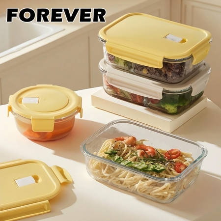 SGS檢驗合格【日本FOREVER】耐熱玻璃分隔保鮮盒4件組-正方形800ml＋1200ml（2色）
