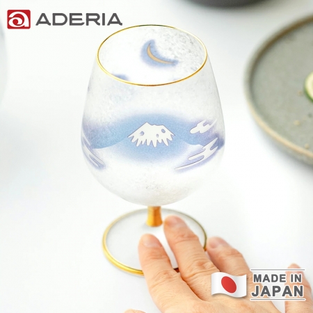 【ADERIA】日本製 富士月兔圖金邊高腳玻璃杯/酒杯 210ml