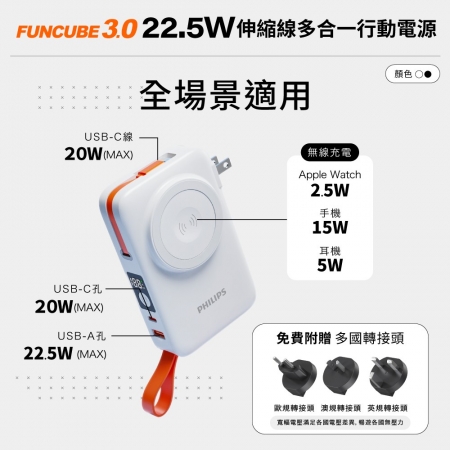 【PHILIPS 飛利浦】 FunCube 3.0系列 22.5W 伸縮線多合一行動電源 DLP4352C