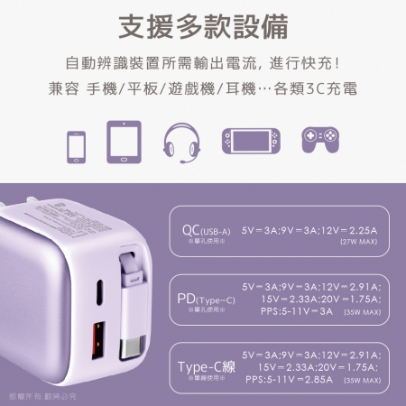 aibo QC＋PD＋自帶Type-C伸縮線 Gan氮化鎵35W快充充電器 支援全球電壓