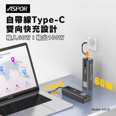 ASPOR 10000mAh 100W數顯快充行動電源（自帶USB-C快充線）