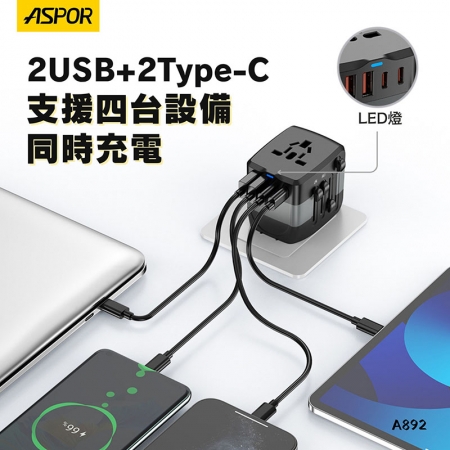 ASPOR 20W氮化鎵GaN 全球通用萬能轉換插頭（2USB-C＋2USB-A ）