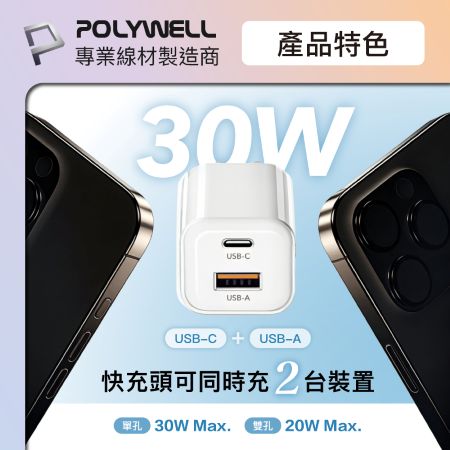 POLYWELL 30W小冰塊PD快充組 充電頭＋充電線 適用iPhone 安卓 GaN氮化鎵 寶利威爾 台灣現貨