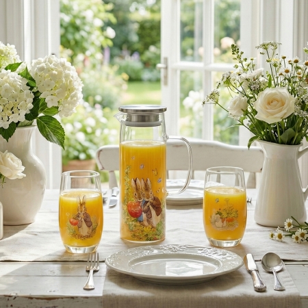 精緻禮盒趣~【PETER RABBIT 比得兔】耐熱玻璃水壺1300ml 附水杯2入組 （一壺二杯組） - 2款可選（綠野仙蹤/心心相印）