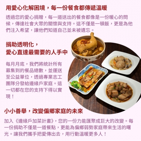 灶神在家 送愛到偏鄉《邊緣戶加菜計畫》捐贈1組菜品（4份）（購買者不會收到商品）愛心募集捐贈