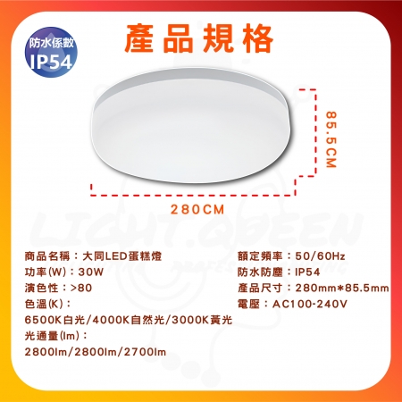 【TATUNG 大同】3入組 30W 蛋糕LED吸頂燈 防水IP54 廁所燈 玄關燈 陽台燈	