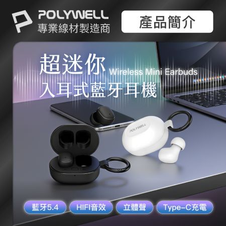 POLYWELL 迷你入耳式藍牙無線耳機 HIFI音質 自帶扣環 極輕量 USB-C充電 寶利威爾 台灣現貨