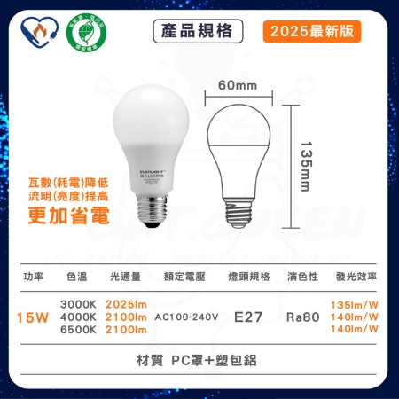 【Everlight 億光】6入組 15W 雙節標環保LED燈泡 超節能燈泡 E27 （白光/中性光/黃光）	
