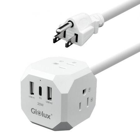 Glolux 流星錘 1.5M 多功能延長線 3面插座 2USB＋1Type-C 支援PD20W 快充 （GL-EC100-20WAB）