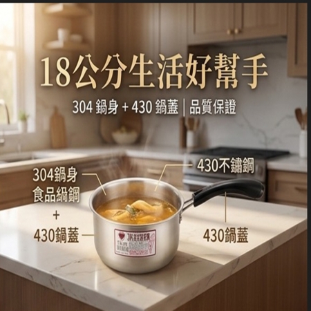304不鏽鋼美式牛奶鍋18cm單把鍋含鍋蓋