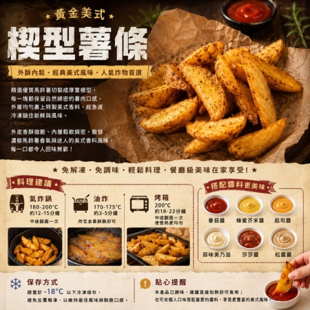 【約克街肉舖】黃金美式楔型薯條（500g±10%/包） 