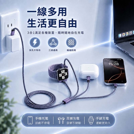 【DA】3合1多功能編織快充線（Apple Watch磁吸充電/Lightning/Type-C） 1.2M