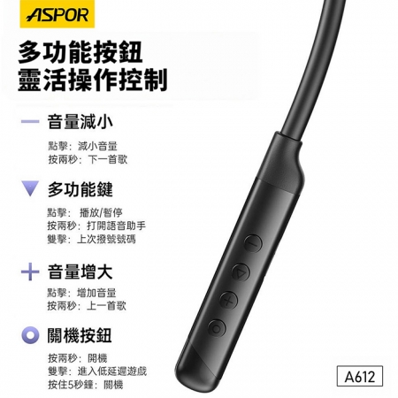 ASPOR 運動型頸掛式/磁吸/藍牙耳機（升級鯊魚翅耳鉤設計） A612