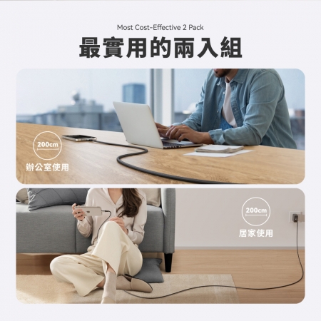 【ONPRO】 UC-GAN65W PD65W 3孔快充充電器Pro版黑/白＋USB C to C 編織數據線 200cm（兩入組）