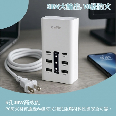 【好買點數放大】KooPin 台灣製造 30W 六孔智慧分流快速充電器（2USB-C＋4USB-A）
