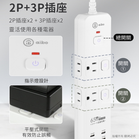 aibo 3開4插 GaN氮化鎵PD65W智慧快充延長線-1.8米
